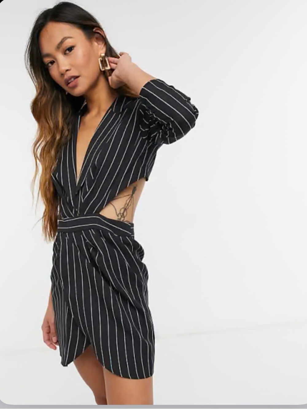 ASOS Black Pinstripe Cutout Wrap Dress